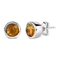 Silver 6MM Bezel Created Yellow Citrine Solitaire Stud Earrings