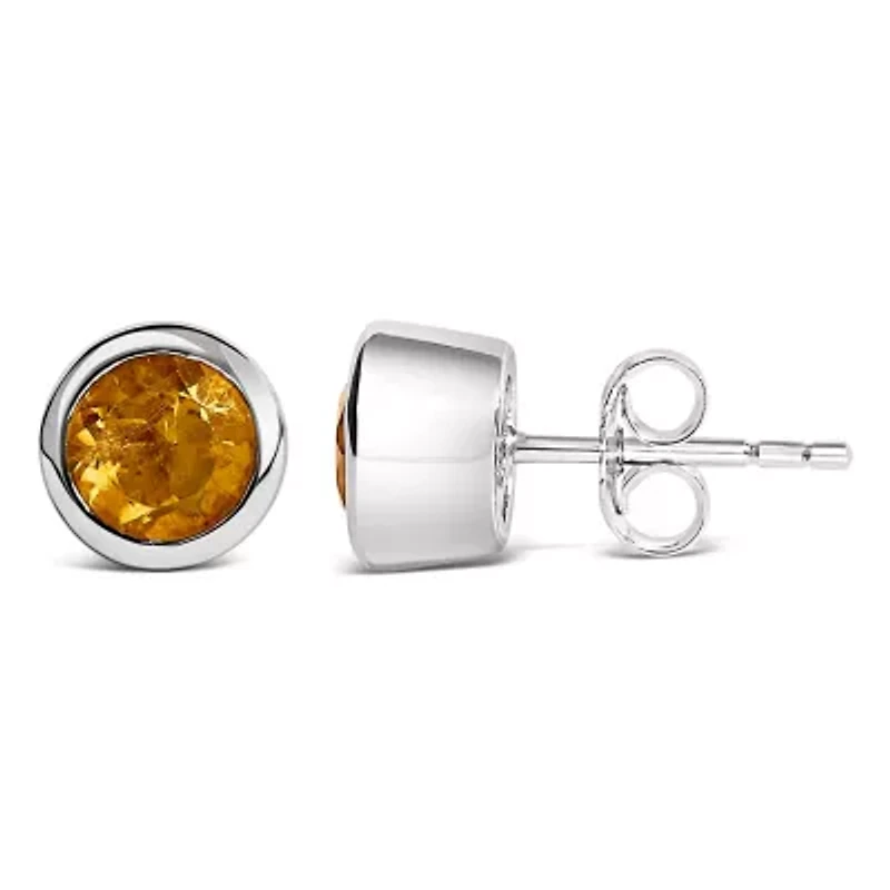 Silver 6MM Bezel Created Yellow Citrine Solitaire Stud Earrings