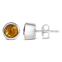 Silver 6MM Bezel Created Yellow Citrine Solitaire Stud Earrings