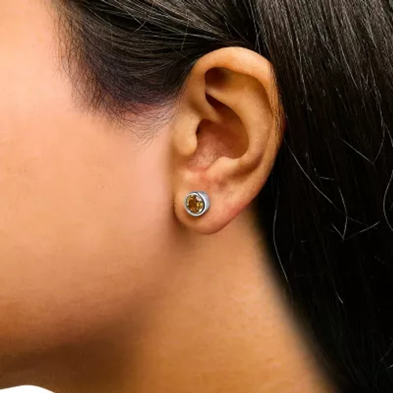 Silver 6MM Bezel Created Yellow Citrine Solitaire Stud Earrings