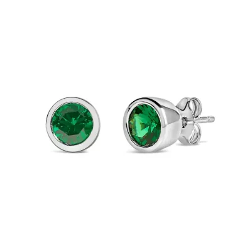 Silver 6MM Bezel Created Green Emerald Solitaire Stud Earrings