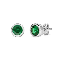 Silver 6MM Bezel Created Green Emerald Solitaire Stud Earrings