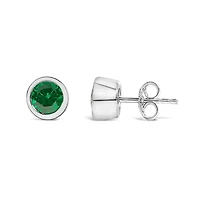 Silver 6MM Bezel Created Green Emerald Solitaire Stud Earrings