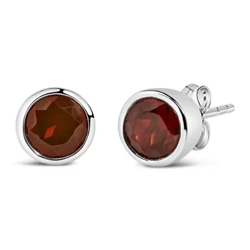 Silver 6MM Bezel Created Red Garnet Solitaire Stud Earrings