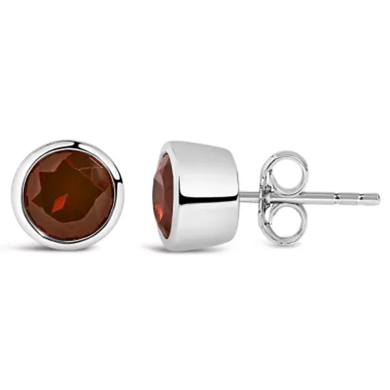 Silver 6MM Bezel Created Red Garnet Solitaire Stud Earrings