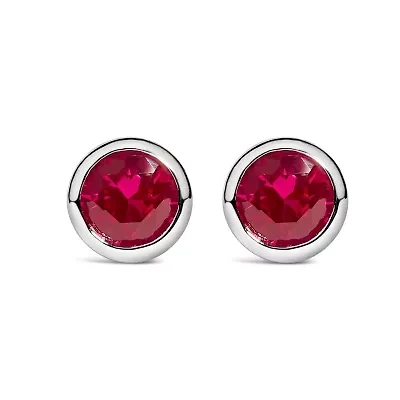 Silver 6MM Bezel Created Red RubySolitaire Stud Earrings