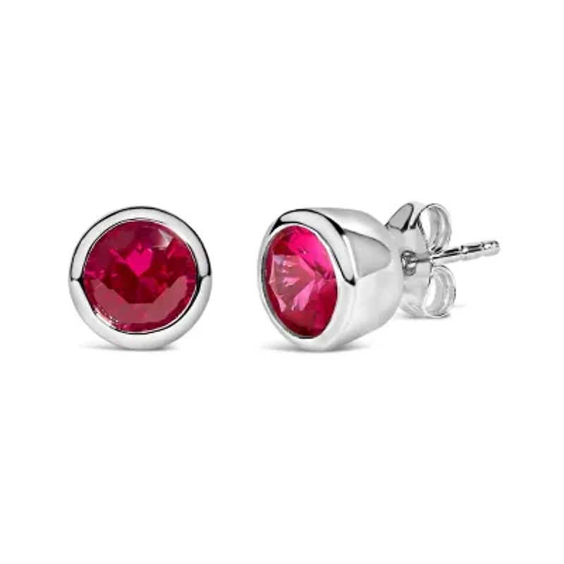 Silver 6MM Bezel Created Red RubySolitaire Stud Earrings