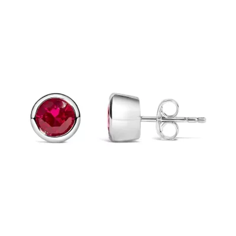 Silver 6MM Bezel Created Red RubySolitaire Stud Earrings