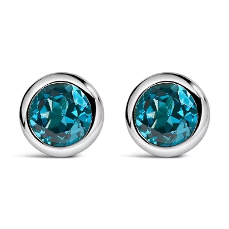 Silver 6MM Bezel Created Blue Topaz Solitaire Stud Earrings