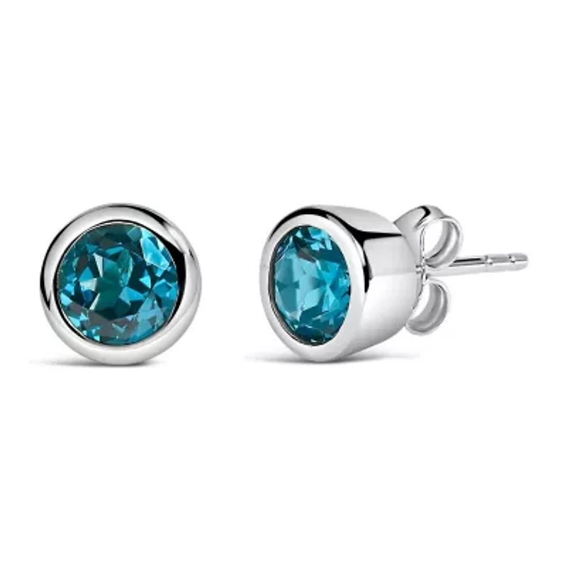 Silver 6MM Bezel Created Blue Topaz Solitaire Stud Earrings