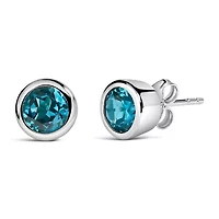 Silver 6MM Bezel Created Blue Topaz Solitaire Stud Earrings