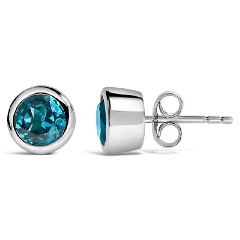 Silver 6MM Bezel Created Blue Topaz Solitaire Stud Earrings