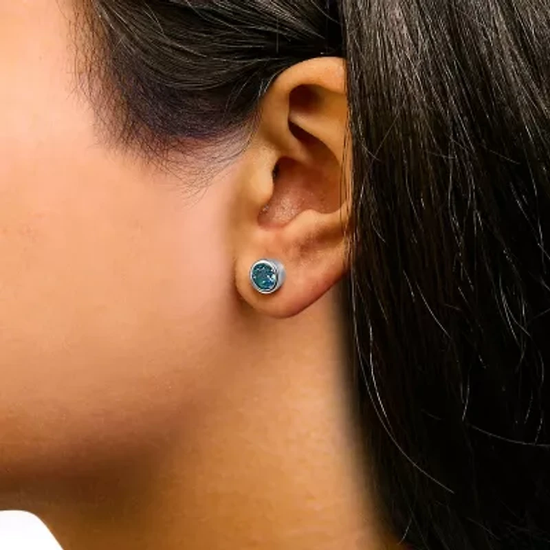 Silver 6MM Bezel Created Blue Topaz Solitaire Stud Earrings