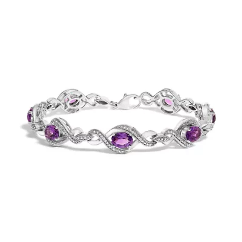 Silver 1/10 Cttw Diamond and 7X5MM Oval Amethyst Cross Tennis Bracelet
