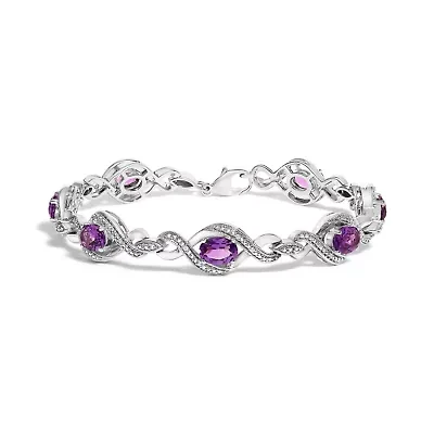 Silver 1/10 Cttw Diamond and 7X5MM Oval Amethyst Cross Tennis Bracelet
