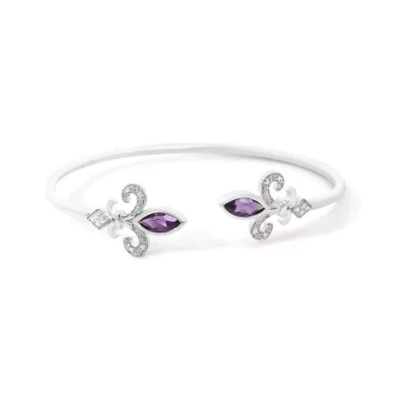 Silver 8X4MM Marquise Purple Amethyst and Diamond Bangle