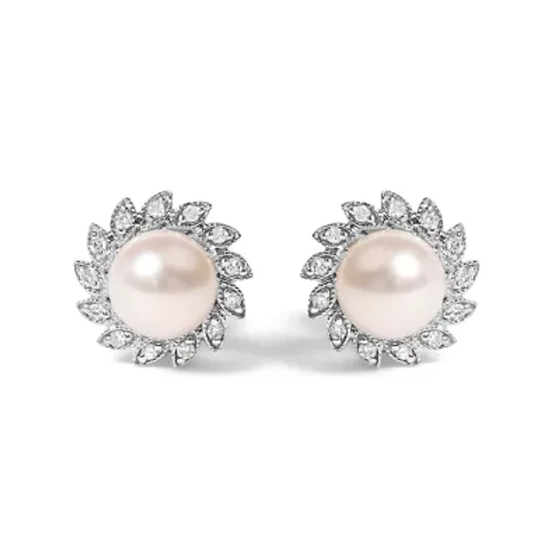 10K White Gold Pearl and Diamond Accent Halo Stud Earrings