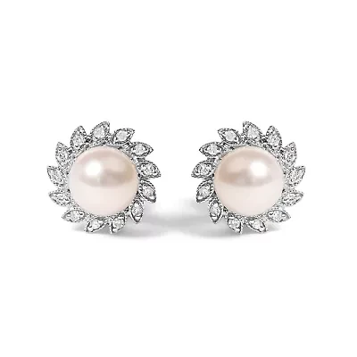10K White Gold Pearl and Diamond Accent Halo Stud Earrings