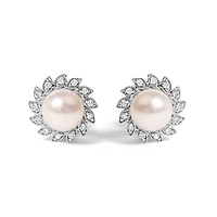 10K White Gold Pearl and Diamond Accent Halo Stud Earrings