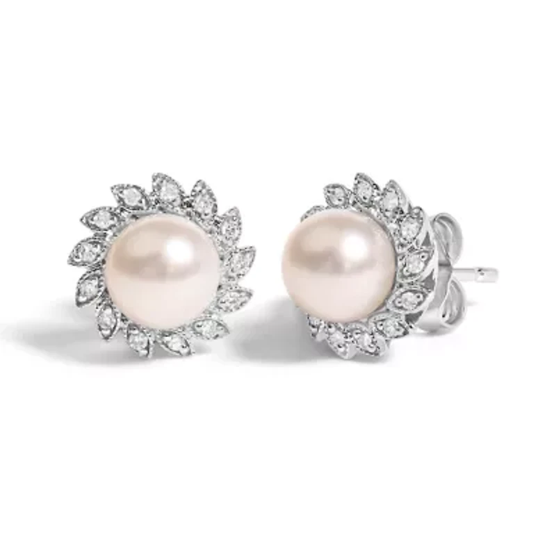 10K White Gold Pearl and Diamond Accent Halo Stud Earrings