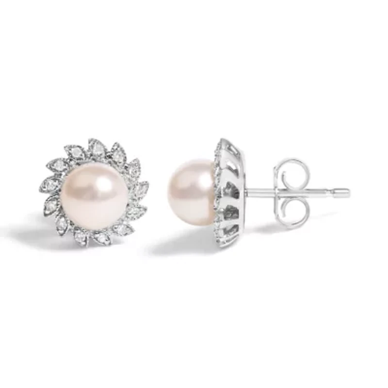 10K White Gold Pearl and Diamond Accent Halo Stud Earrings