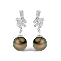 14K White Gold Black Pearl and Diamond Accent Dangle Earrings