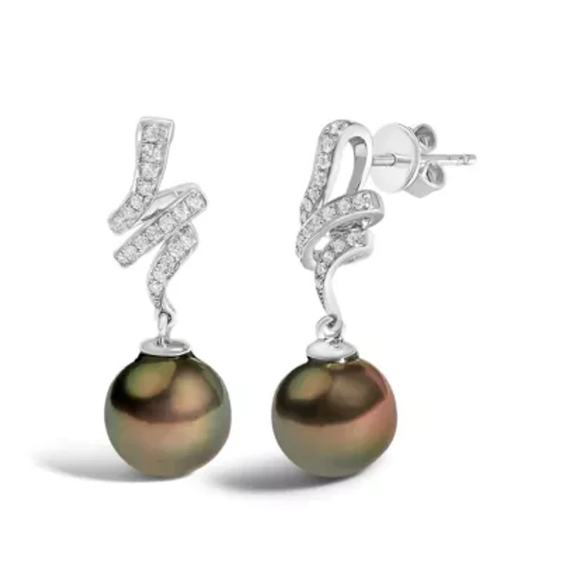 14K White Gold Black Pearl and Diamond Accent Dangle Earrings