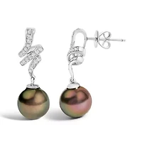 14K White Gold Black Pearl and Diamond Accent Dangle Earrings