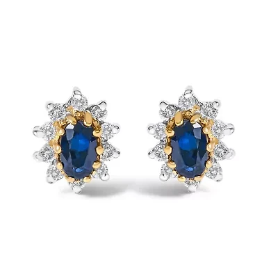 14K Yellow Gold 1/4 Cttw Diamond and Sapphire Sunburst Halo Stud Earrings