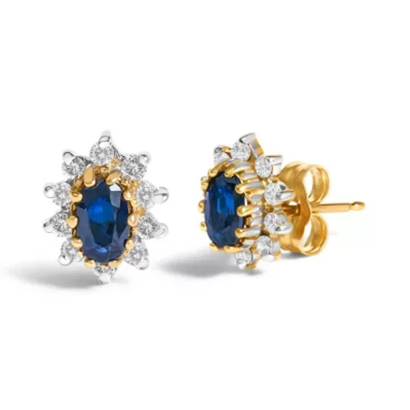 14K Yellow Gold 1/4 Cttw Diamond and Sapphire Sunburst Halo Stud Earrings