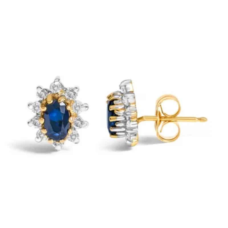 14K Yellow Gold 1/4 Cttw Diamond and Sapphire Sunburst Halo Stud Earrings