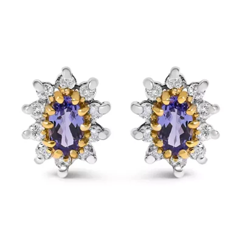 14K Yellow Gold 1/4 Cttw Diamond andTanzanite Halo Stud Earrings
