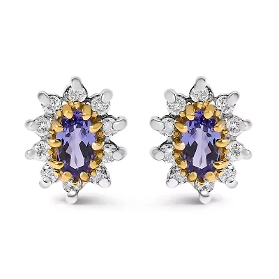 14K Yellow Gold 1/4 Cttw Diamond andTanzanite Halo Stud Earrings