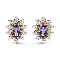 14K Yellow Gold 1/4 Cttw Diamond andTanzanite Halo Stud Earrings