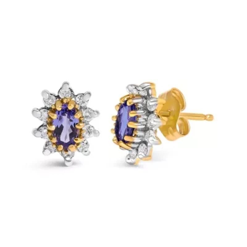 14K Yellow Gold 1/4 Cttw Diamond andTanzanite Halo Stud Earrings