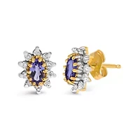 14K Yellow Gold 1/4 Cttw Diamond andTanzanite Halo Stud Earrings