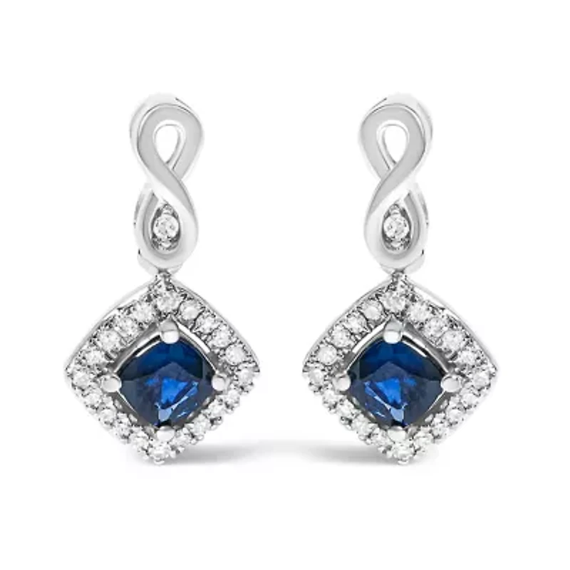 10K White Gold Sapphire and Diamond Halo Cushion Shaped Drop Earrings