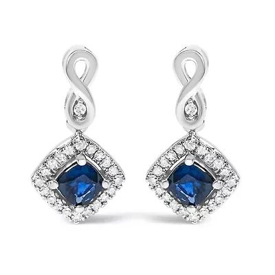10K White Gold Sapphire and Diamond Halo Cushion Shaped Drop Earrings