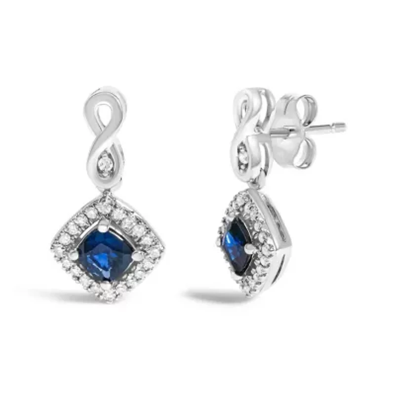 10K White Gold Sapphire and Diamond Halo Cushion Shaped Drop Earrings