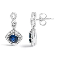 10K White Gold Sapphire and Diamond Halo Cushion Shaped Drop Earrings