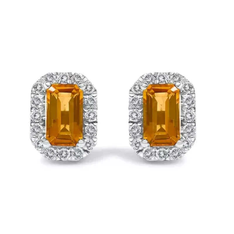 10K Gold Gemstone and 1/7 Cttw Diamond Halo Stud Earrings