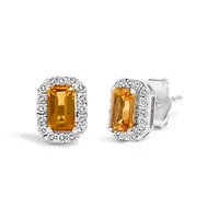 10K Gold Gemstone and 1/7 Cttw Diamond Halo Stud Earrings