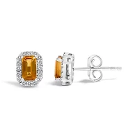 10K Gold Gemstone and 1/7 Cttw Diamond Halo Stud Earrings