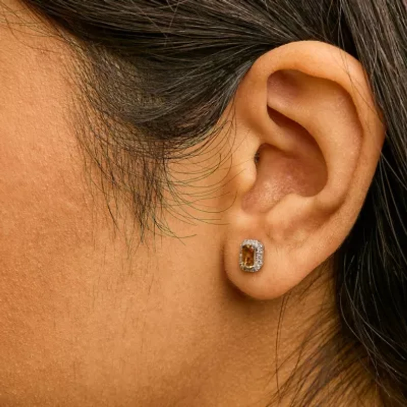 10K Gold Gemstone and 1/7 Cttw Diamond Halo Stud Earrings