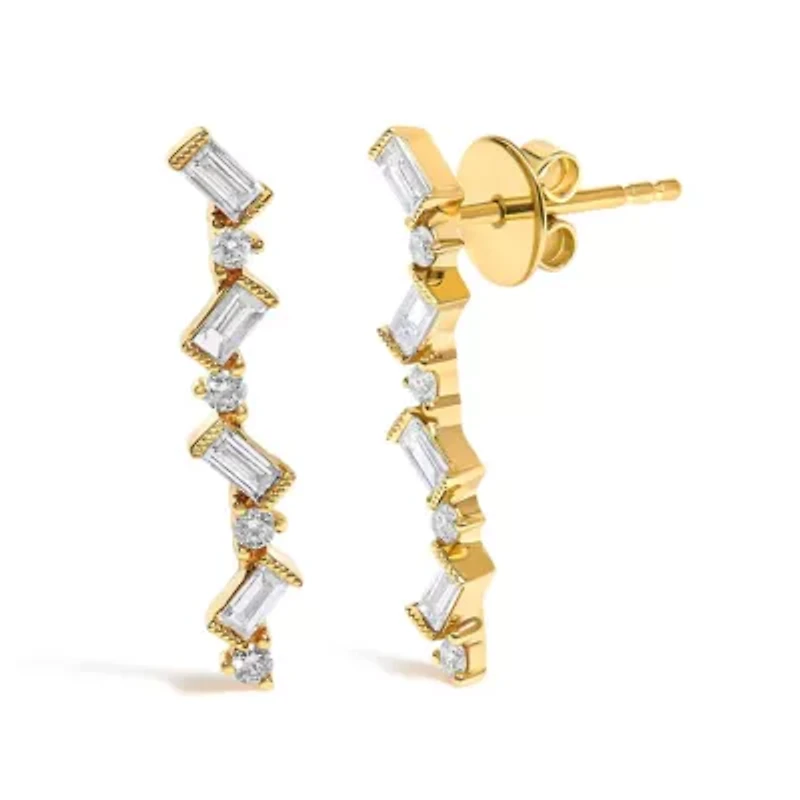 14K Yellow Gold 1/2 Cttw Diamond Zig Zag Drop Earrings