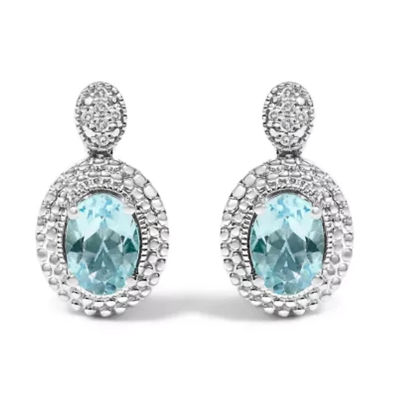 Silver Diamond Accent and Topaz with Beaded Halo Drop Stud Earrings