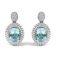 Silver Diamond Accent and Topaz with Beaded Halo Drop Stud Earrings