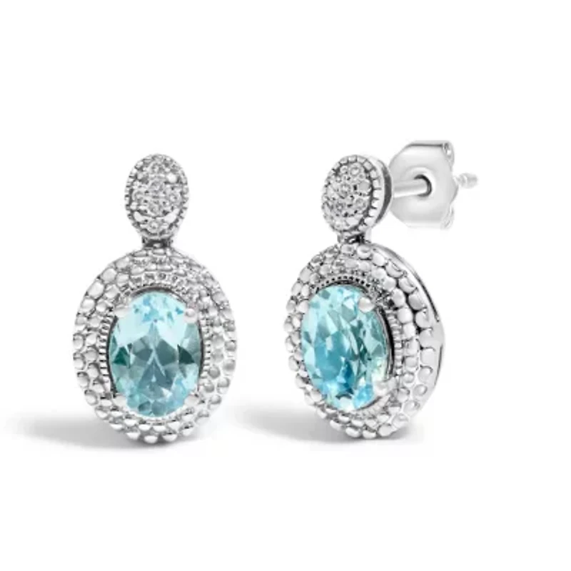 Silver Diamond Accent and Topaz with Beaded Halo Drop Stud Earrings