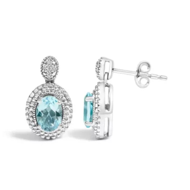 Silver Diamond Accent and Topaz with Beaded Halo Drop Stud Earrings