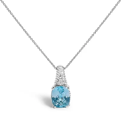 Silver Blue Topaz and Diamond Accent Textured Pendant Necklace - 18" Inches